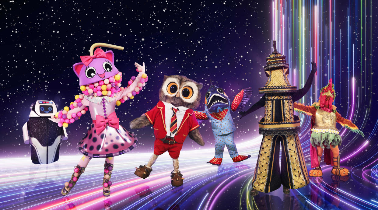 The Masked Singer characters Air Fryer, Bubble Tea, Owl, Piranha Eiffel Tower and Chicken Ceasar.