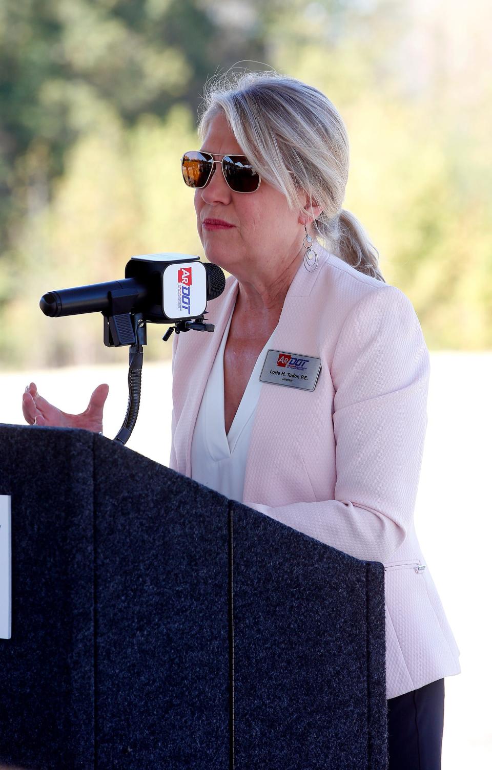 Lorie Tudor, director of the Arkansas Department of Transportation, served as moderator for the groundbreaking on Oct. 13 of the I-49 expansion in Barling, Ark. The expansion is to connect part of the completed project in Sebastian County to the I-49 exchange near Alma in Crawford County including a new bridge across the Arkansas River.