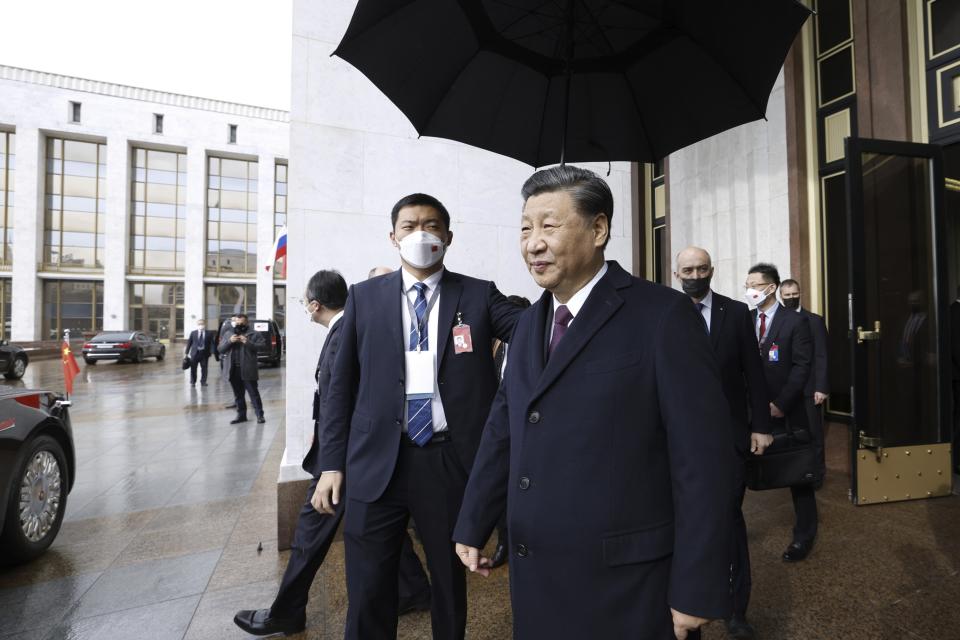 Chinese President Xi Jinping leaves the Russian Government building after his talks with Russian Prime Minister Mikhail Mishustin in Moscow, Russia, Tuesday, March 21, 2023. (Dmitry Astakhov, Sputnik, Government Pool Photo via AP)