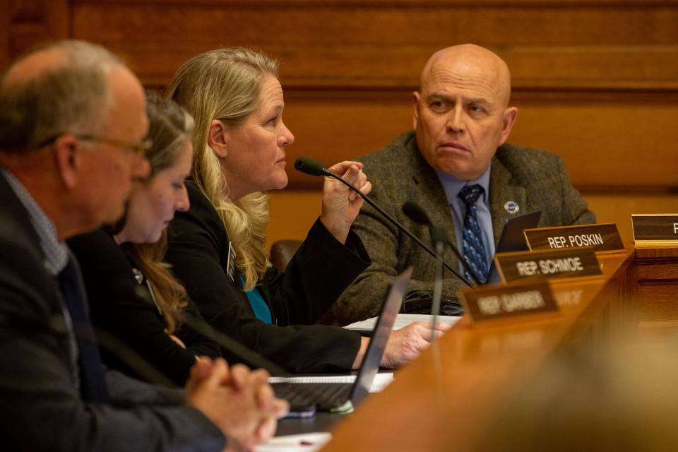 Rep. Mari-Lynn Poskin, a Democrat from Leawood, said a school choice bill loaded up with increased teacher pay and special education funding provisions was "lipstick on a proverbial pig."