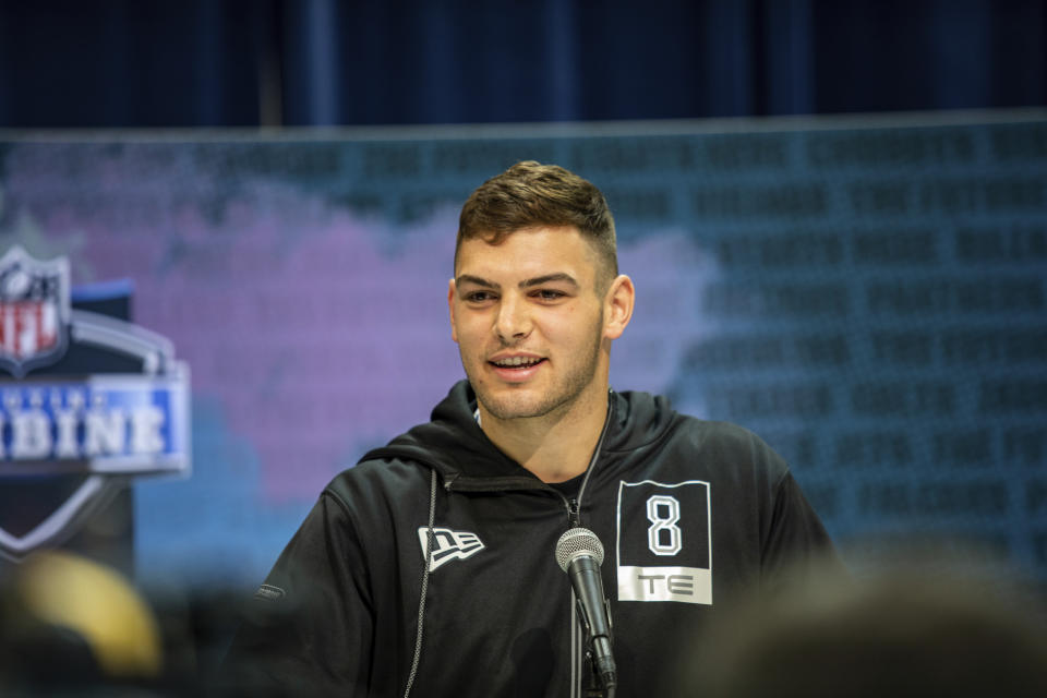 Cole Kmet talks to the media at the NFL Scouting Combine on Tuesday, Feb. 25, 2020 in Indianapolis. (Detroit Lions via AP)