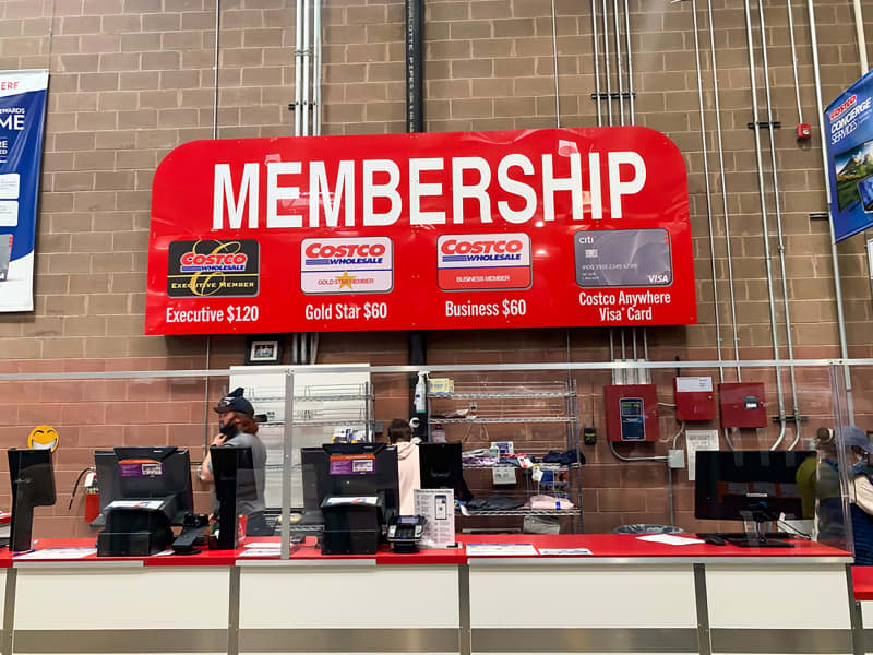 Costco membership counter inside a store. Costco Wholesale Corporation is largest membership-only warehouse club in US.