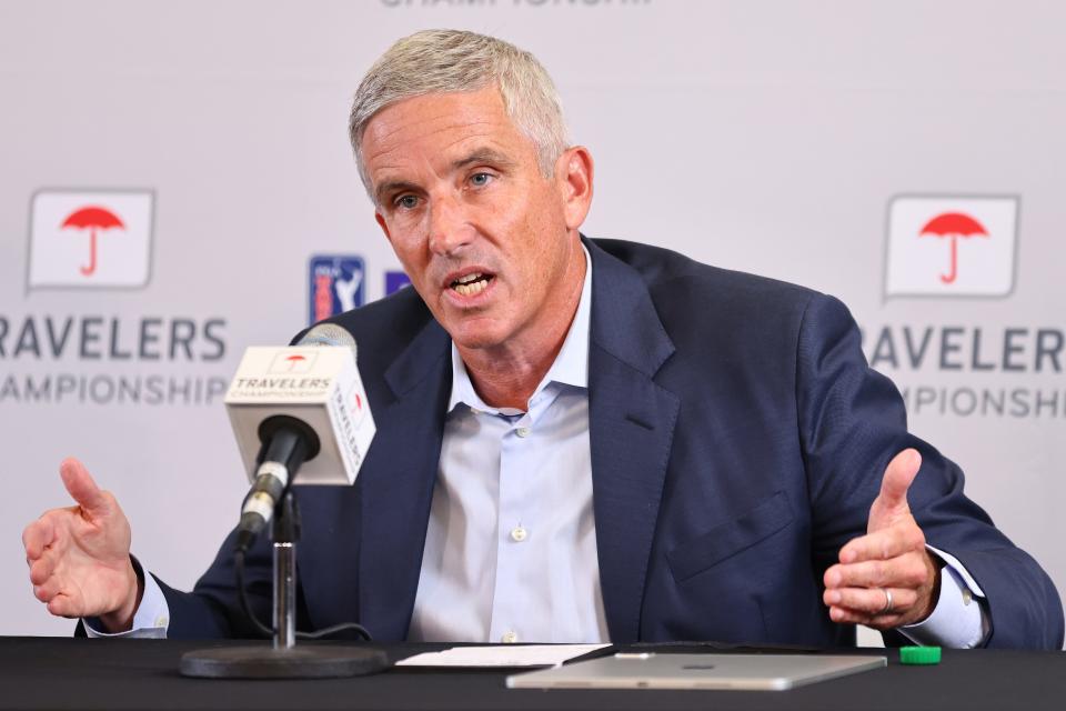 PGA Tour Commissioner Jay Monahan addresses the media during a press conference prior to the 2022 Travelers Championship.