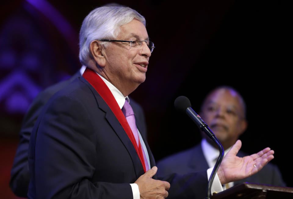 National Basketball Association Commissioner David Stern addresses the audience after being presented with a W.E.B. Du Bois Medal during an award ceremony at Harvard University, in Cambridge, Mass., Wednesday, Oct. 2, 2013. Harvard has awarded the medal since 2000 to people whose work has contributed to African and African-American culture. Six people were recipients of the award for 2013. (AP Photo/Steven Senne)