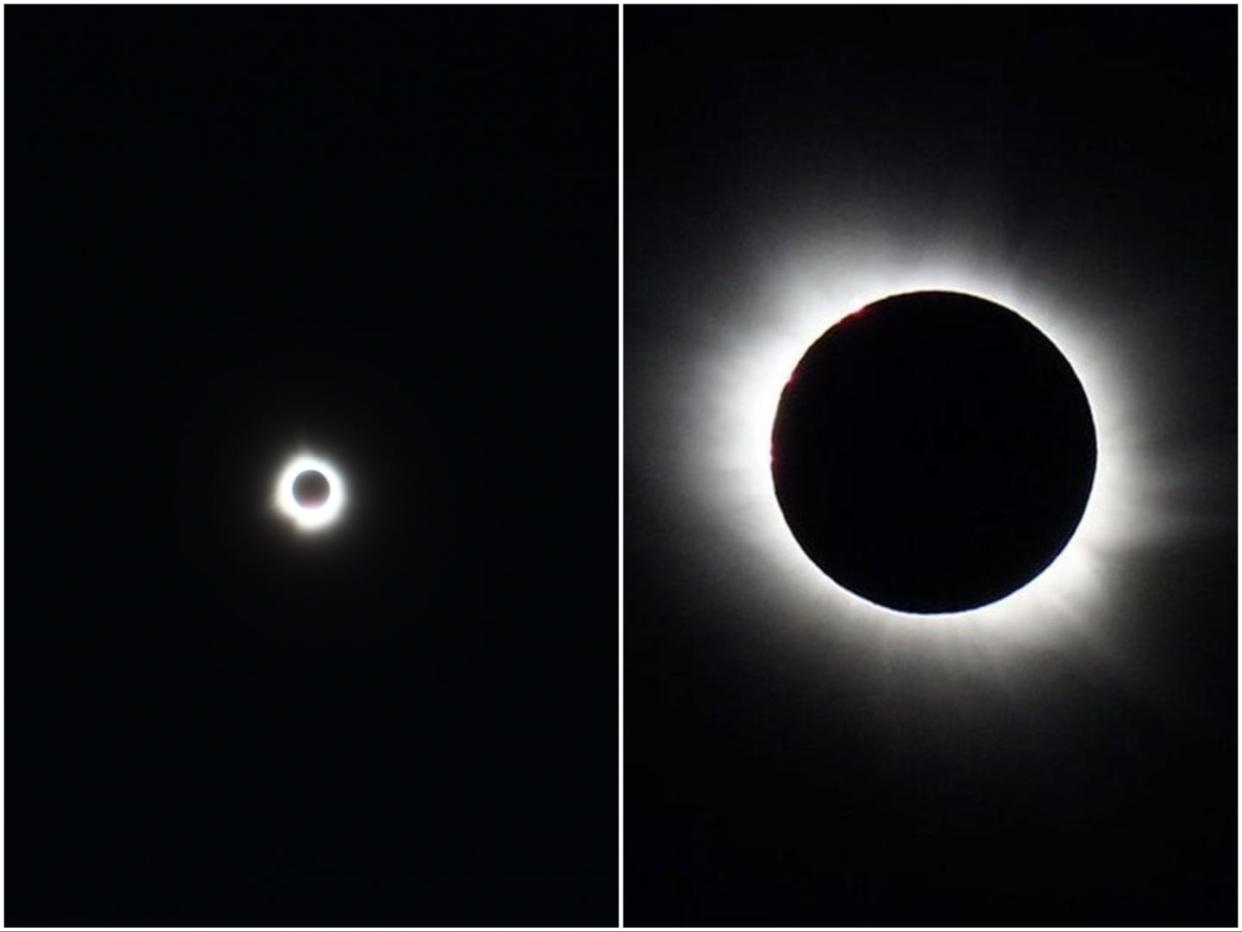 Two side by side photos of a total solar eclipse