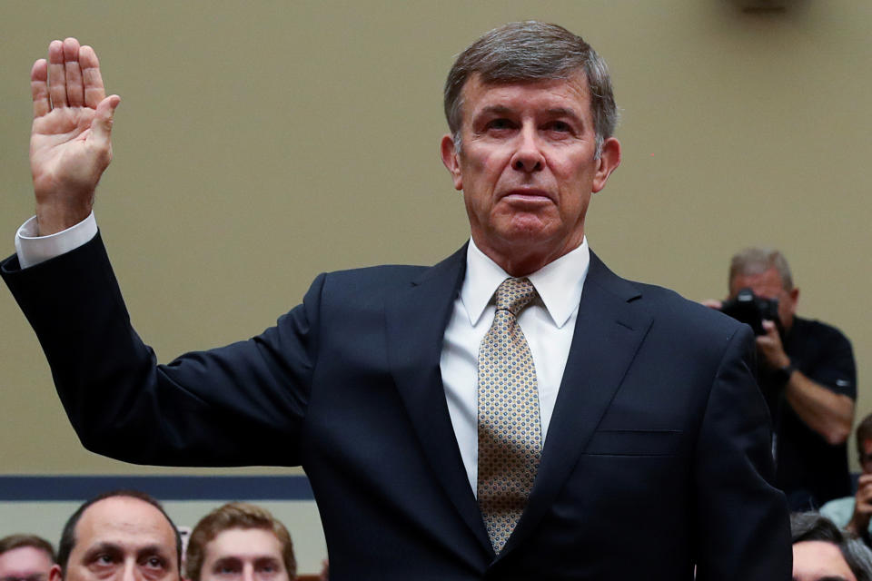 Acting Director of National Intelligence (DNI) Joseph Maguire is sworn in to testifify before a House Intelligence Committee hearing on the handling of the whistleblower complaint in the Office of the Director of National Intelligence on Capitol Hill in Washington, U.S., September 26, 2019. REUTERS/Leah Millis