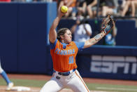 Florida's Natalie Lugo (10) pitches in the fifth inning of an NCAA softball Women's College World Series game against UCLA on Sunday, June 5, 2022, in Oklahoma City. (AP Photo/Alonzo Adams)