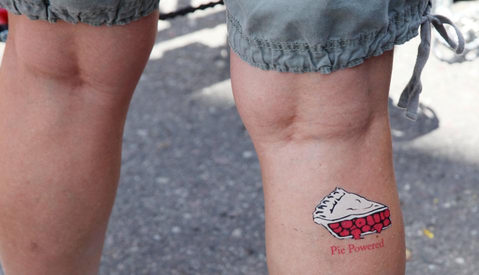Pie Powered tattoo: Riders make their way to Storm Lake on the first day of RAGBRAI, July 25, 2010.