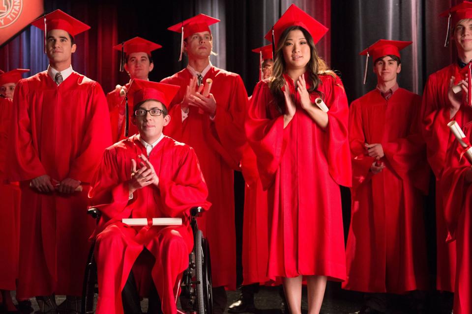 Darren Criss, Kevin McHale, Chord Overstreet, Jenna Ushkowitz and Lauren Potter in the "New Directions" episode of GLEE airing Tuesday, March 25, 2014 (9:00-10:00 PM ET/PT) on FOX.