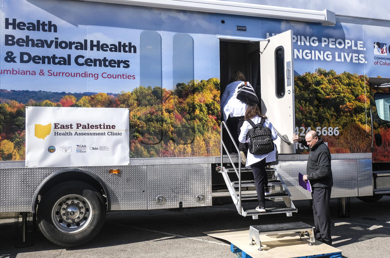 The Ohio Department of Health Assessment Clinic mobile unit outside First Church of Christ in East Palestine, Ohio on Feb. 21, 2023. (Matthew Hatcher / Bloomberg via Getty Images)