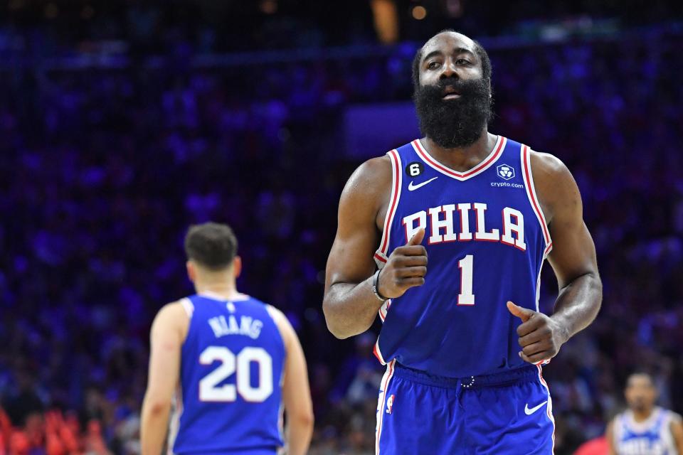 Philadelphia 76ers guard James Harden (1), shown during a playoff game against the Boston Celtics on May 7, 2023.