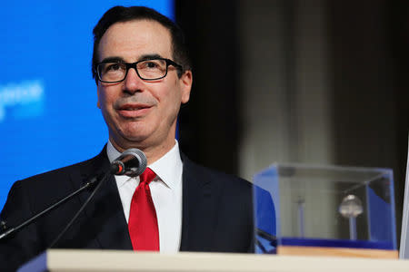 U.S. Treasury Secretary Steven Mnuchin speaks during a reception hosted by the Orthodox Union in Jerusalem ahead of the opening of the new U.S. embassy in Jerusalem, May 14, 2018. REUTERS/Ammar Awad