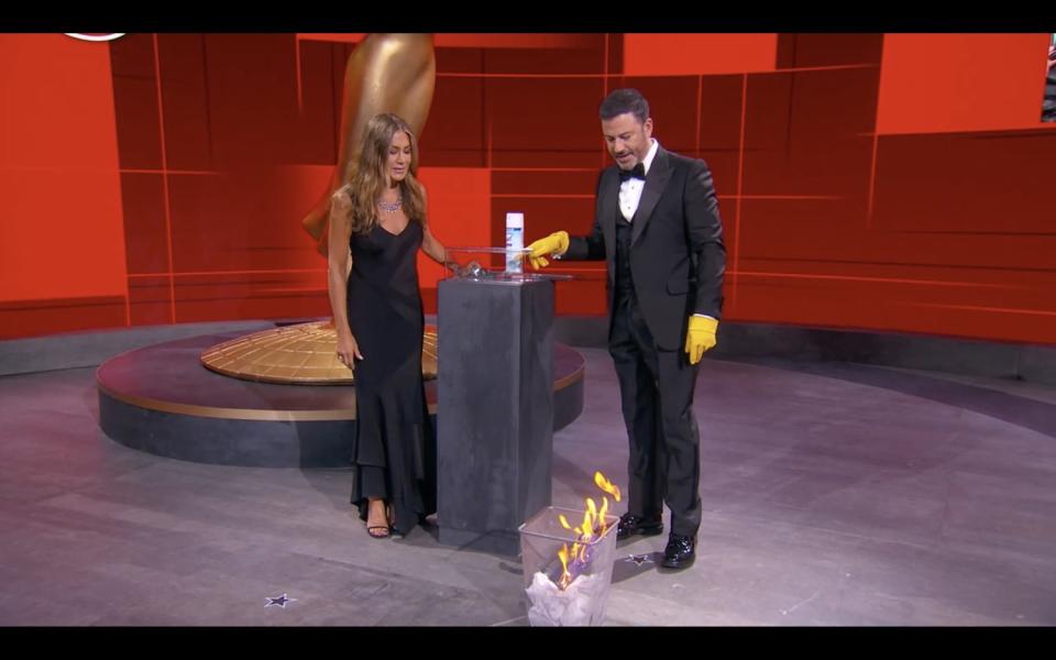 Jennifer Aniston and Jimmy Kimmel at the 2020 Emmy Awards