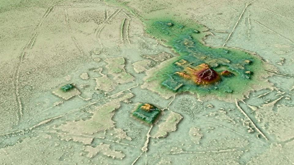This screenshot from a lidar-based 3-D animation shows the layout of Cotoca, a primary site in an ancient Amazonian urban network. Raised causeways radiate in different directions from platform mounds, pyramids and other structures.