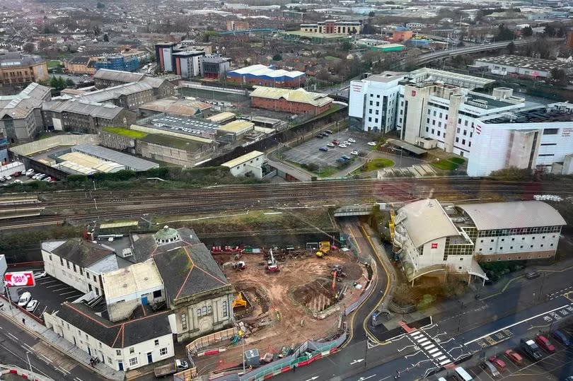 Overhead view of Guildford Crescent which is now a construction site with the facades totally demolished