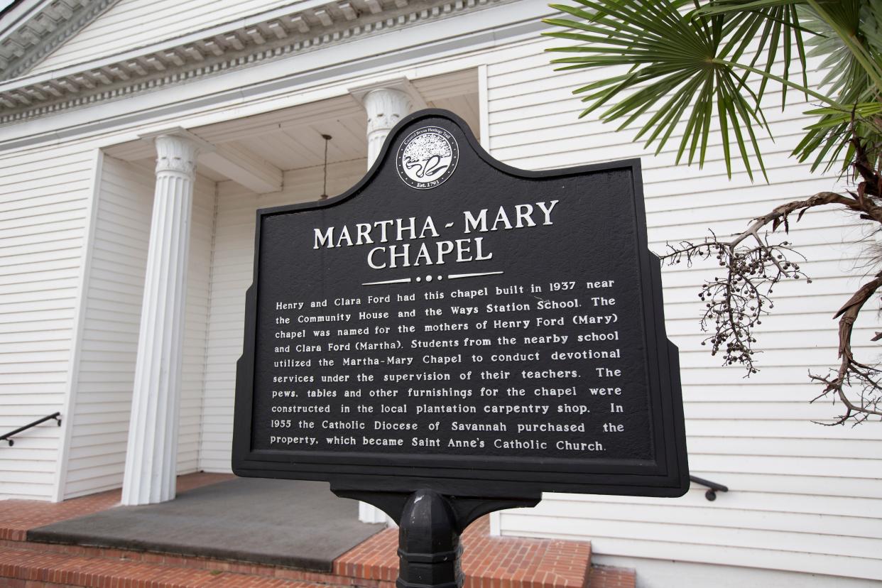 A historical marker provides history about Martha Mary Chapel in Richmond Hill, which was founded by Henry and Clara Ford.