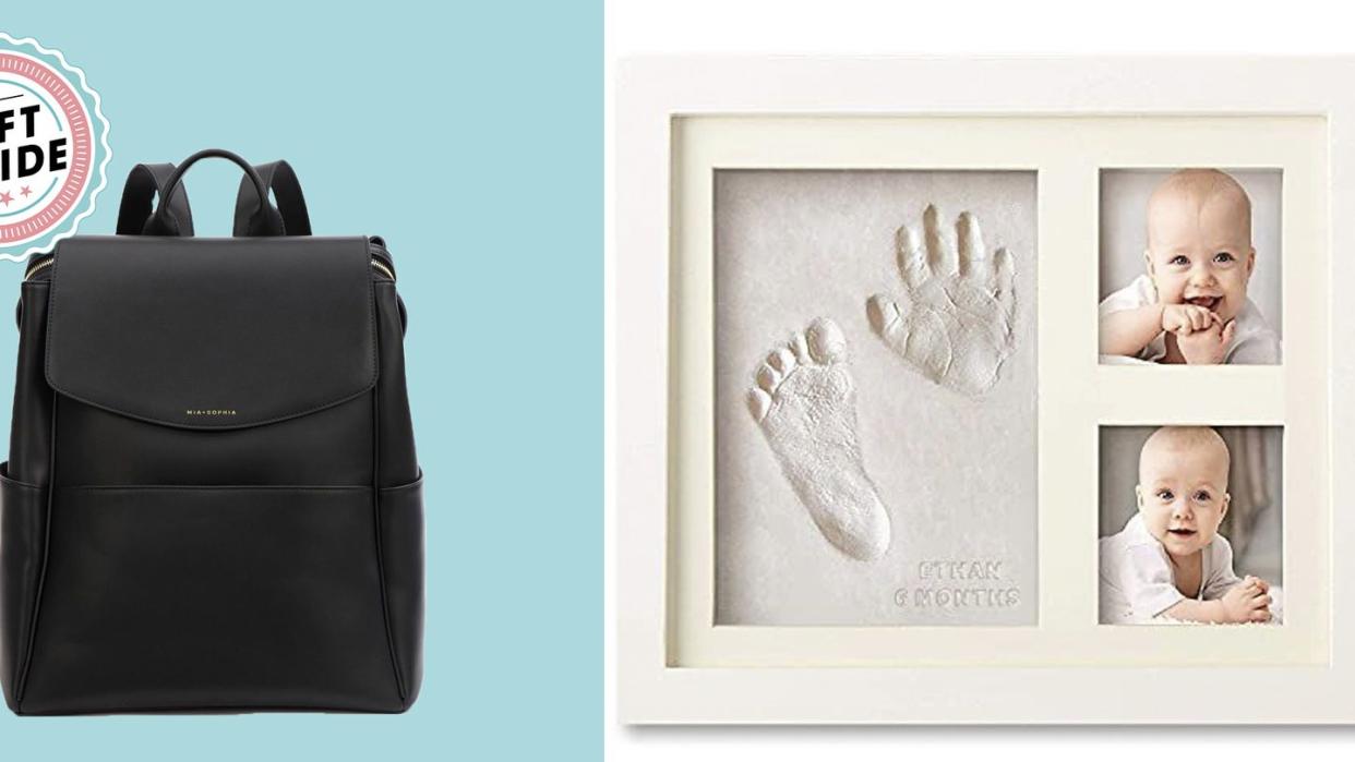 gifts for new moms a backpack and a picture of a baby handprint and baby