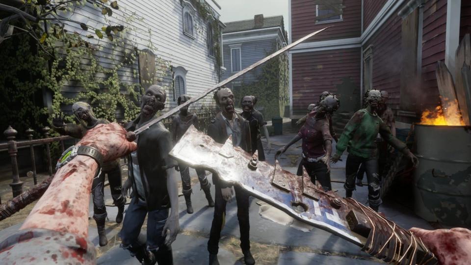 The Walking Dead: Saints And Sinners gameplay. The player dual wields knifes, facing down a horde of zombies