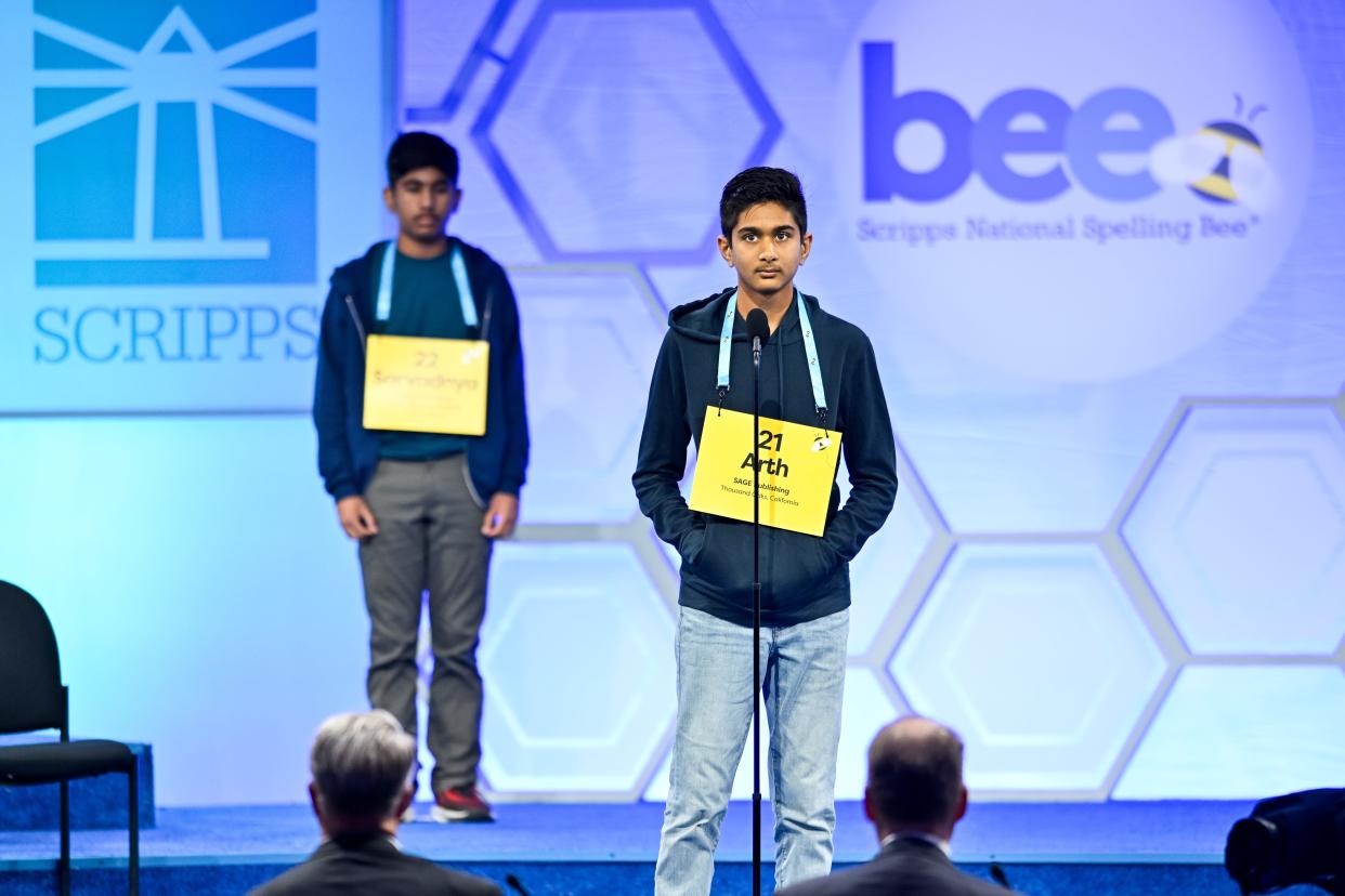 Arth Dalsania, of Camarillo, competes in the 2023 Scripps National Spelling Bee in National Harbor, Maryland on Tuesday, May 30, 2023.