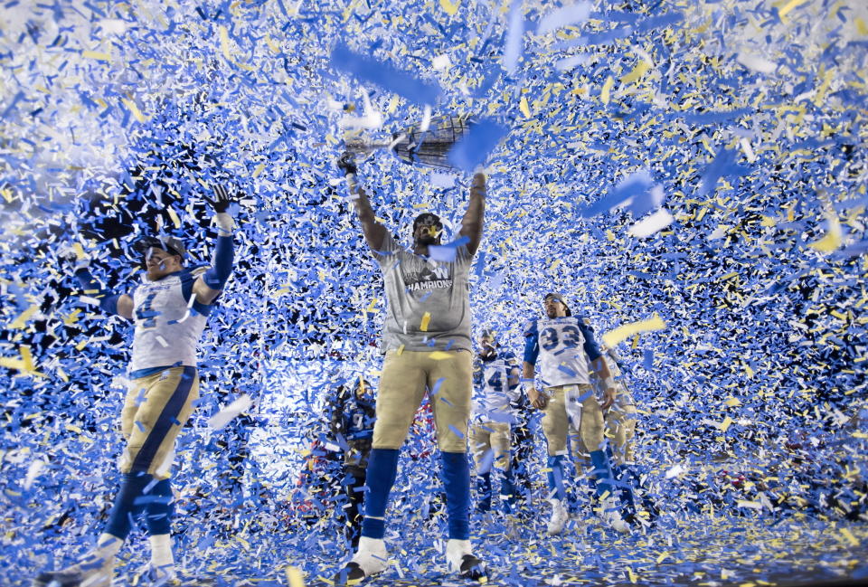 The Winnipeg Blue Bombers celebrate winning the Grey Cup CFL football championship against the Hamilton Tiger Cats, Sunday, Nov. 24, 2019, in Calgary, Alberta. (Nathan Denette/The Canadian Press via AP)