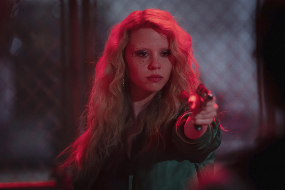 This image released by A24 shows Mia Goth in a scene from "MaXXXine." (Justin Lubin/A24 via AP)