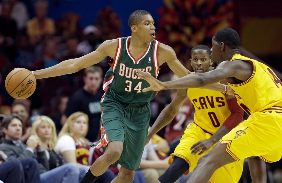 Giannis Antetokounmpo faces the Cleveland Cavaliers during his rookie season with the Milwaukee Bucks.