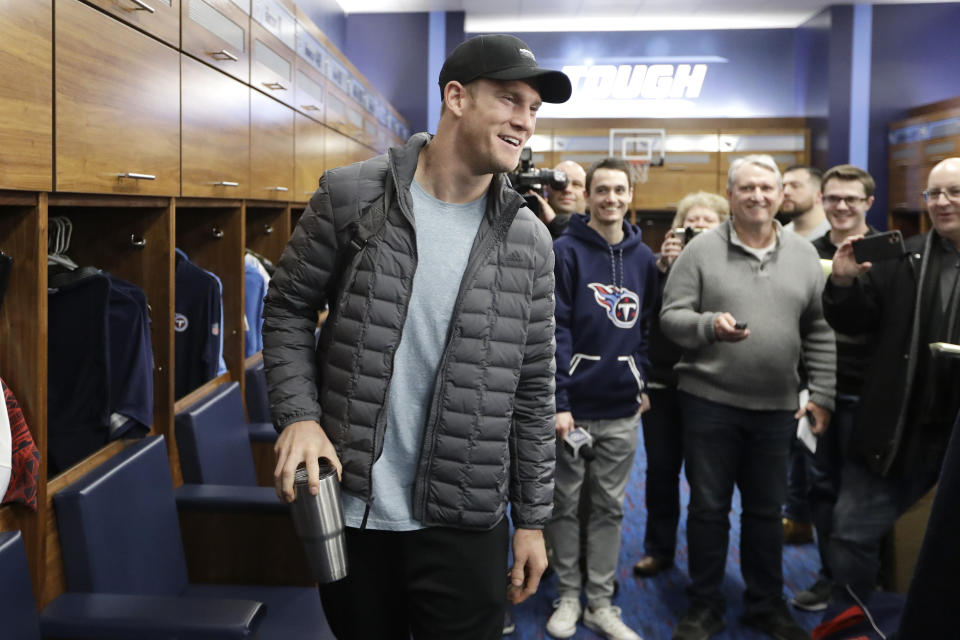 Tennessee Titans quarterback Ryan Tannehill leaves the locker room as players clean out their lockers Monday, Jan. 20, 2020, in Nashville, Tenn. The Titans lost the AFC Championship NFL football game Sunday to the Kansas City Chiefs. (AP Photo/Mark Humphrey)