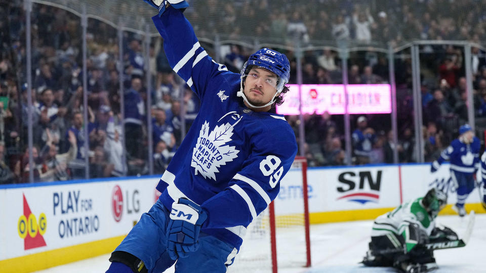 Nick Robertson had a lot to celebrate in the Leafs' win over the Stars on Thursday. (Nick Turchiaro/USA TODAY Sports)