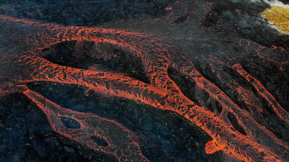 Streams of lava near Litli Hrutur, Iceland, on July 10, 2023. - Kristinn Magnusson/AFP/Getty Images