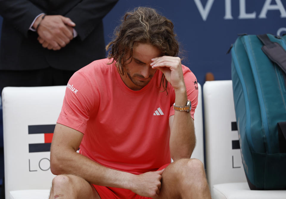 Stefanos Tsitsipas of Greece reacts after losing to Casper Ruud of Norway 7-5, 6-3 during the final of the Barcelona Open tennis tournament in Barcelona, Spain, Sunday, April 21, 2024. (AP Photo/Joan Monfort)