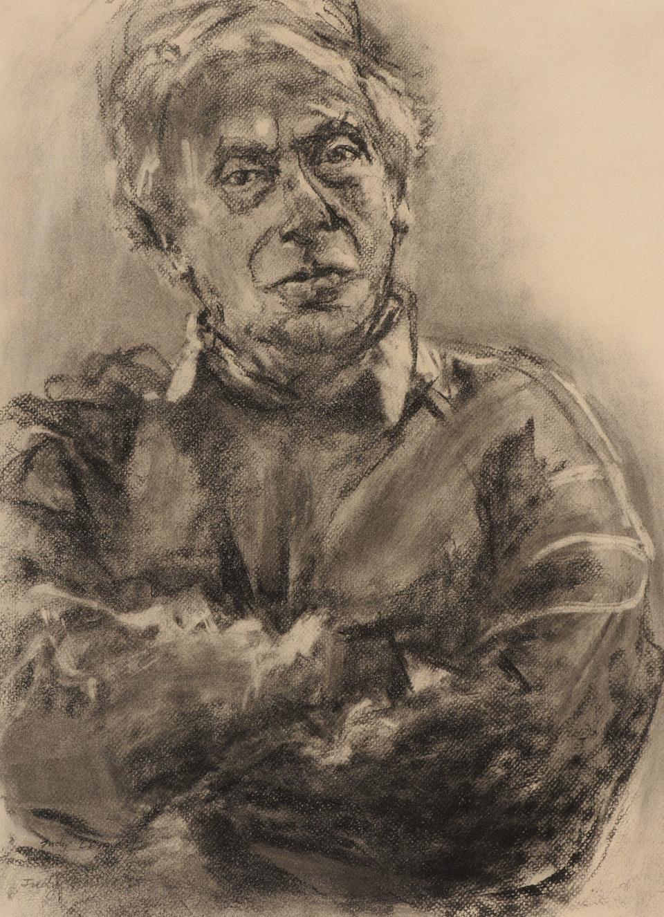 A portrait of Bernard Kops in charcoal on paper by Judy Bermant