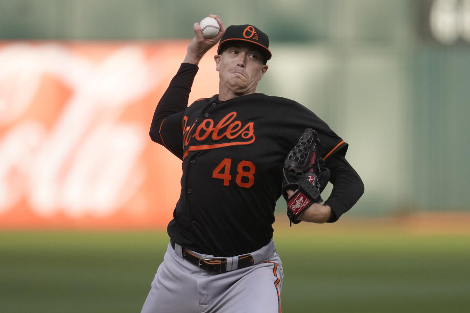 Baltimore Orioles pitcher Kyle Gibson works against the Oakland Athletics during the first inning of a baseball game in Oakland, Calif., Friday, Aug. 18, 2023. (AP Photo/Jeff Chiu)