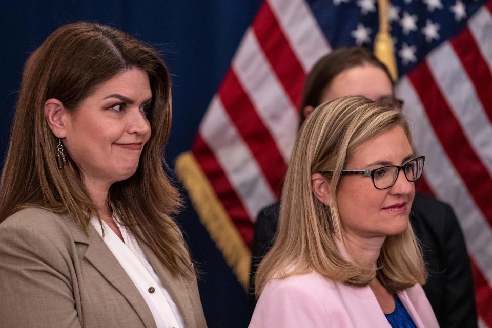 Tucson Mayor Regina Romero, left, and Phoenix Mayor Kate Gallego, right, attend a press conference discussing Colorado River conservation investments at the state Capitol in Phoenix on April 6, 2023.