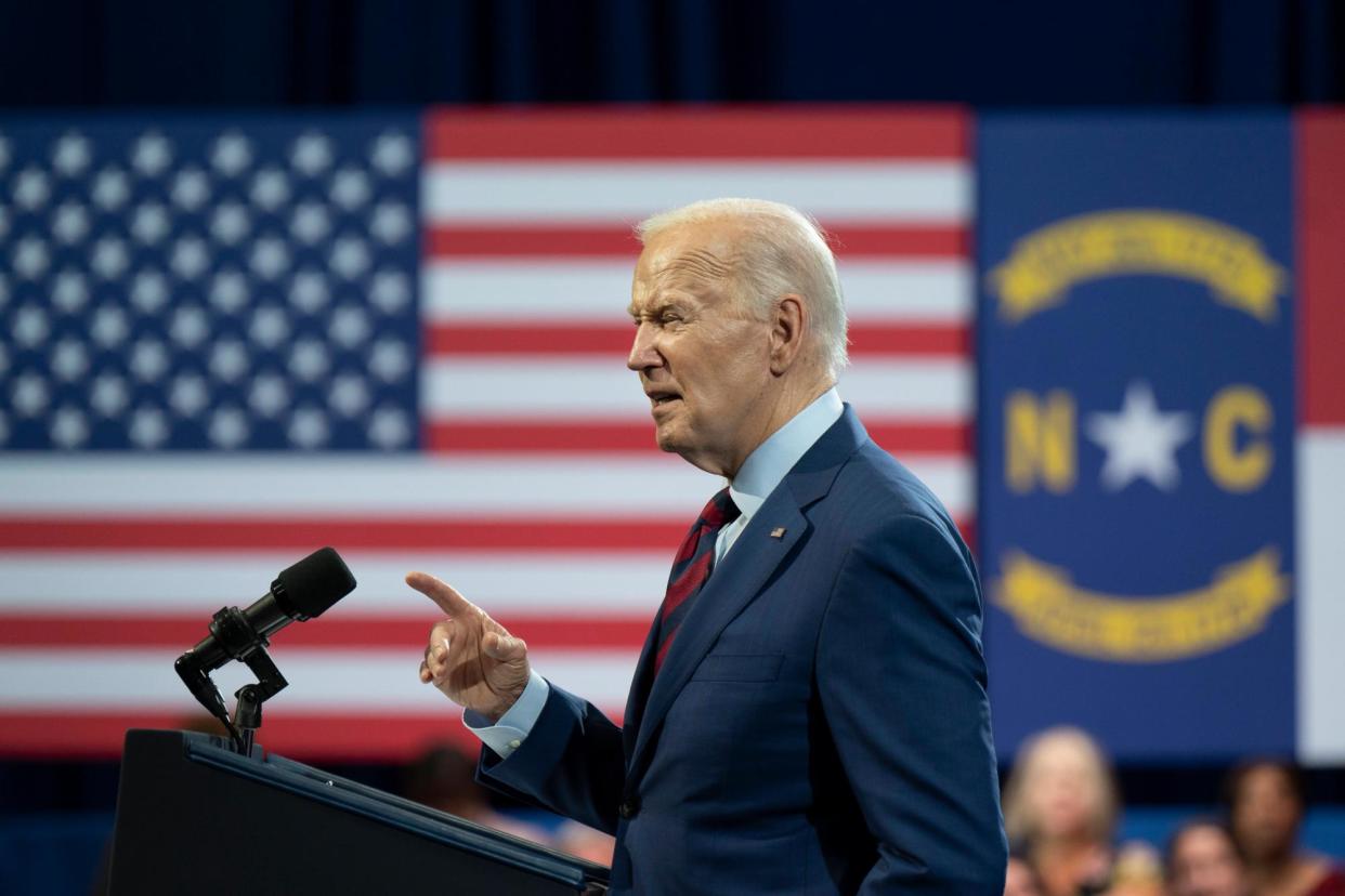 <span>Joe Biden speaks in Wilmington, North Carolina, on 2 May 2024.</span><span>Photograph: Allison Joyce/EPA</span>