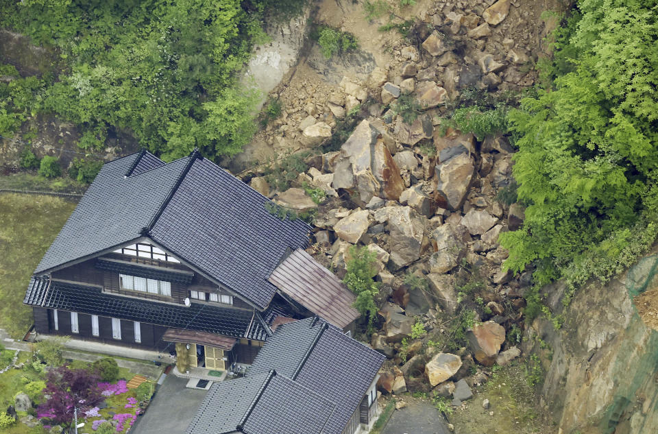 A landslide caused by Friday's earthquake is seen in Suzu city, Ishikawa prefecture, central Japan Saturday, May 6, 2023. A strong, shallow earthquake hit central Japan on Friday afternoon. (Kyodo News via AP)