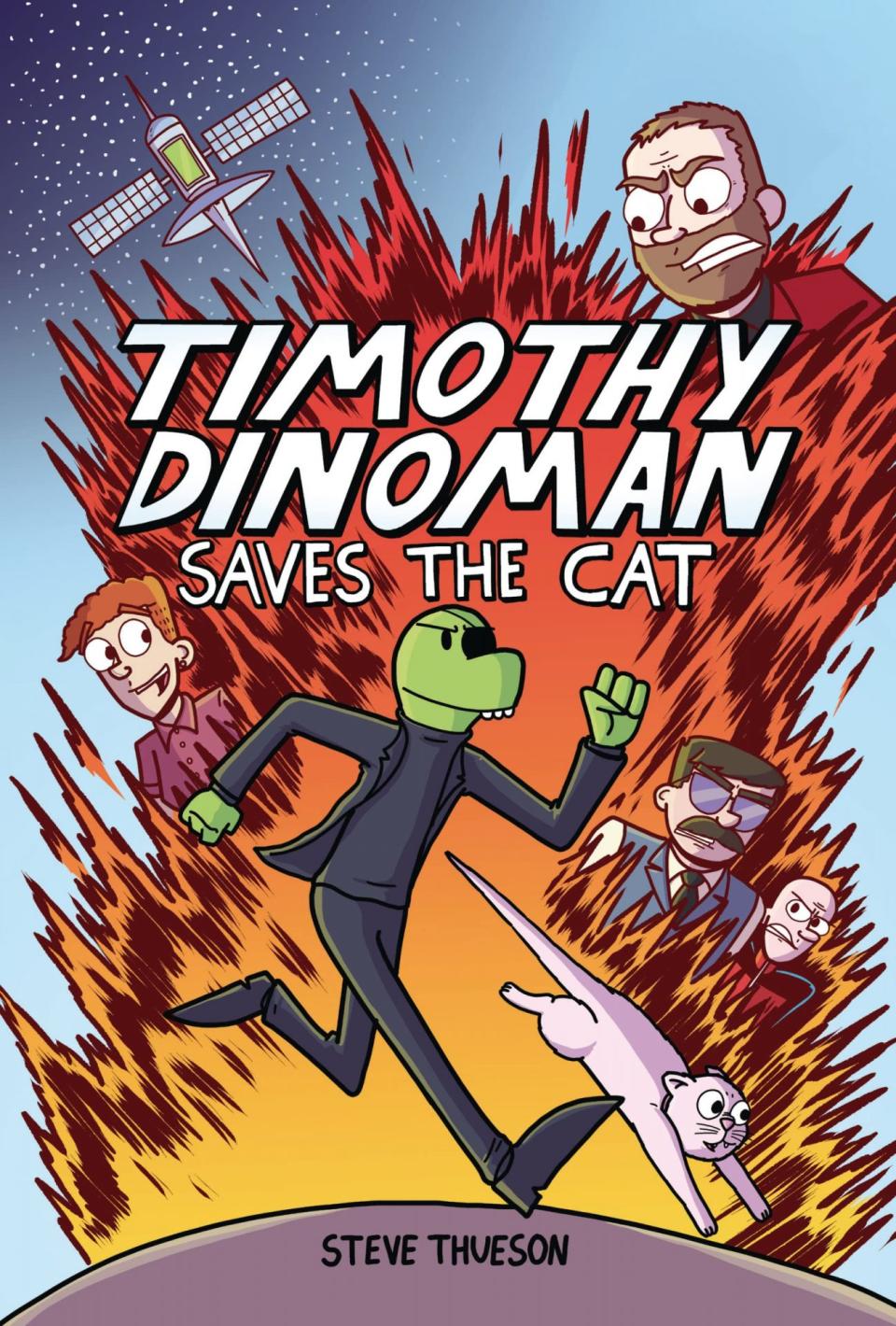 The cover for Timothy Dinoman shows the titular iganadon hero running from an explosion