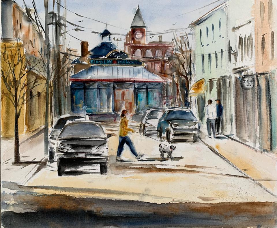 A scene of Findlay Market painted by Anna Afshar, one of Art After Hours featured artists.