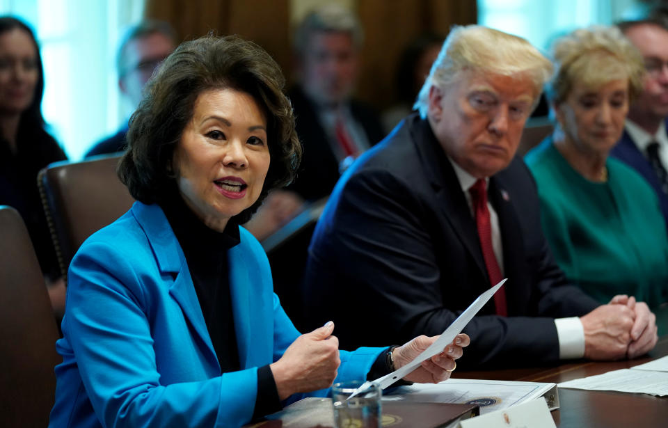 U.S. Transportation Secretary Elaine Chao speaks as U.S. President Donald Trump holds a Cabinet meeting at the White House in Washington, U.S., October 17, 2018.   REUTERS/Kevin Lamarque