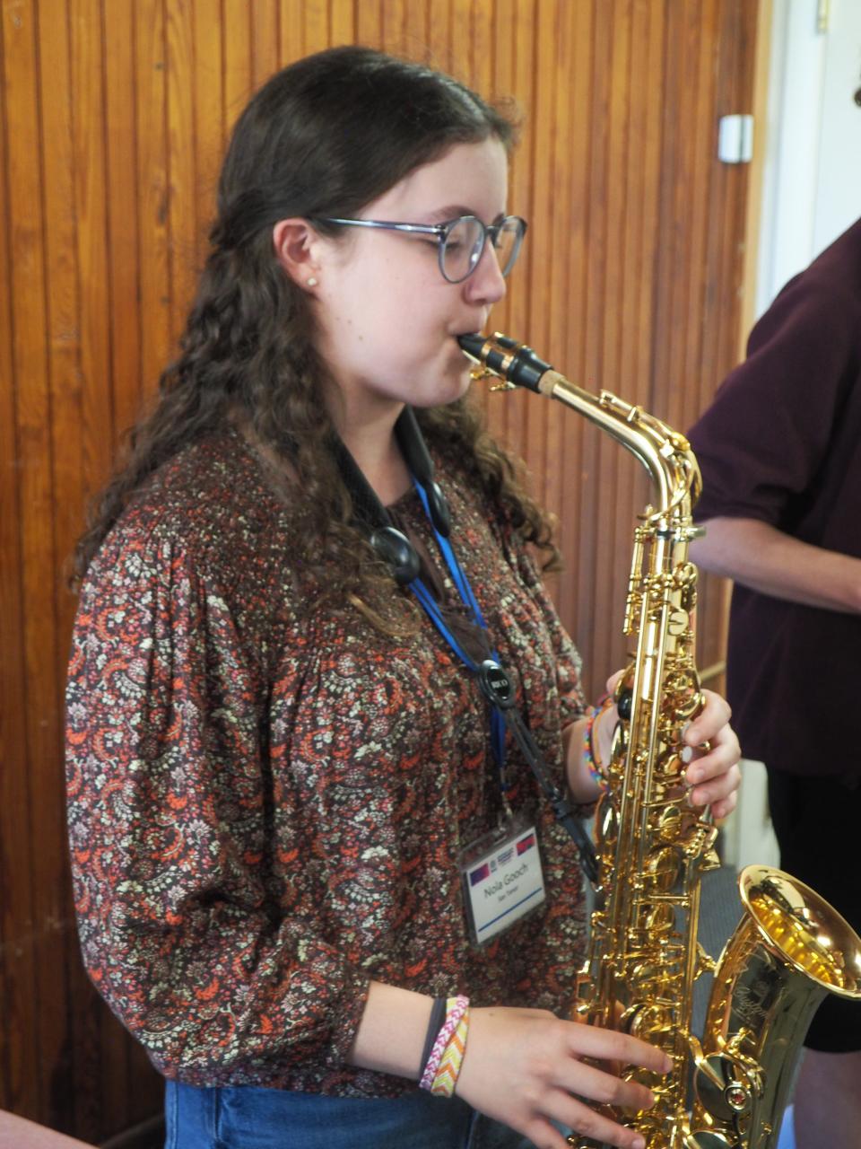 Nola Gooch of Foxboro, Massachusetts plays alto saxophone at the Newport Jazz Summer Camp.