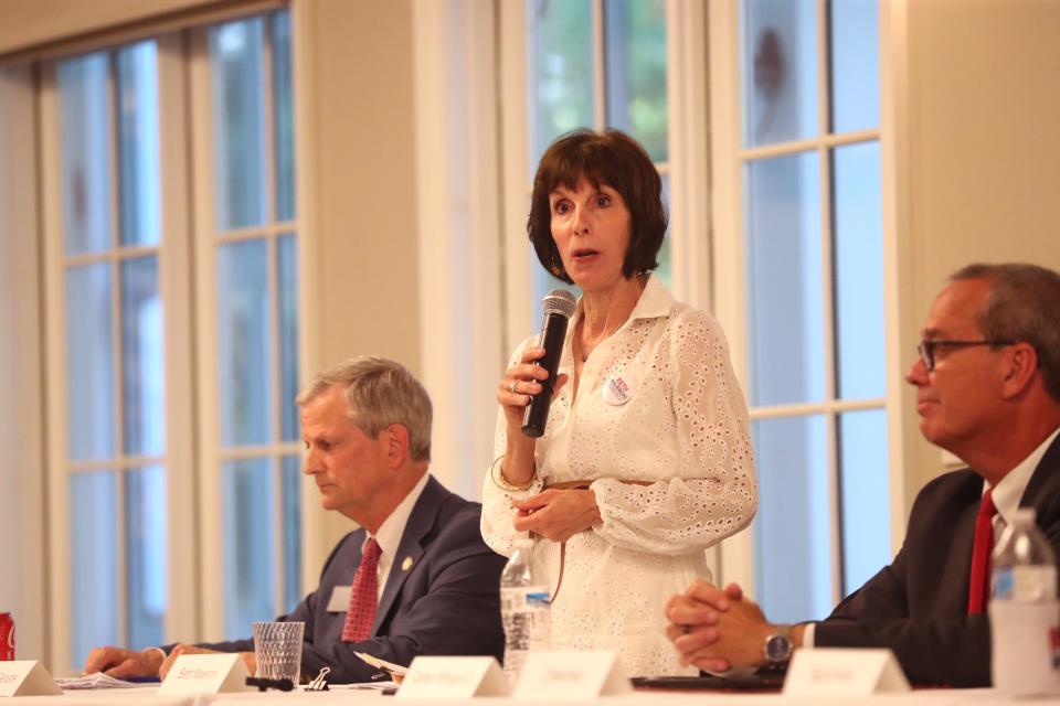 Georgia State Senate candidate Beth Majeroni responds to a question during a candidate forum on Thursday, April 18, 2024 at the Richmond Hill City Center.