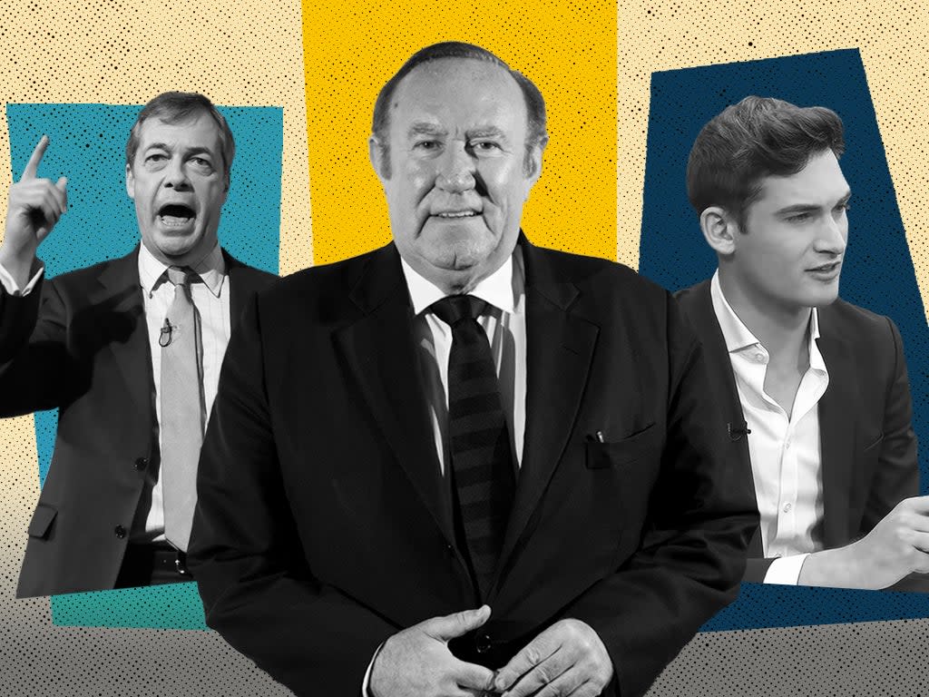 Past, present and future: Andrew Neil may have given way to Nigel Farage, but it’s Tom Harwood who possibly defines the GB News ethos more than anyone  (Getty/GB News/The Independent)