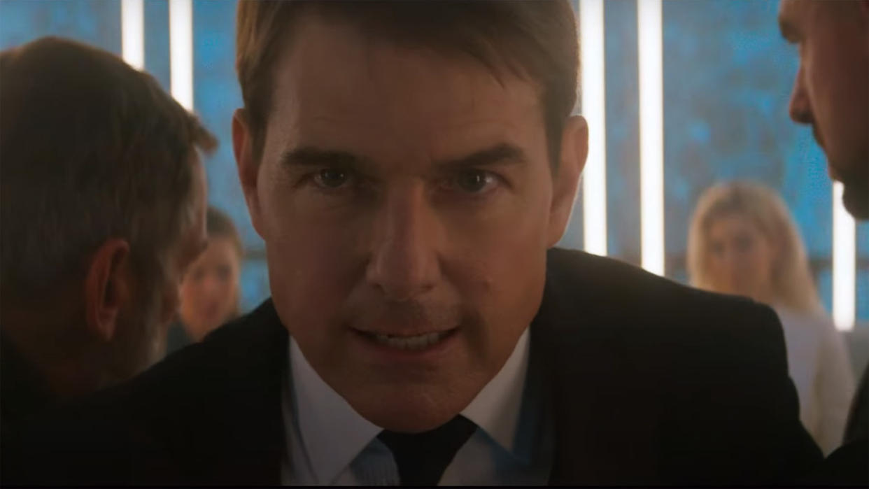  A close-up shot of Ethan Hunt grimacing at the camera in Mission: Impossible 7 