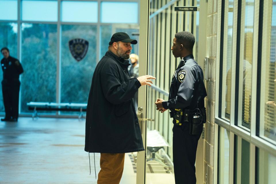 Lanthimos and Mamoudou Athie on the set of *Kinds of Kindness.*