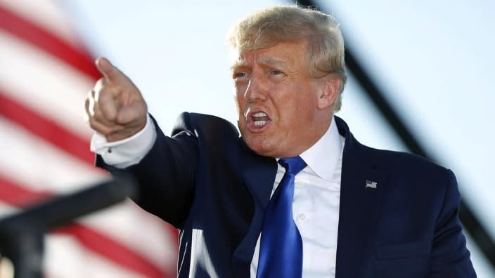 Former President Donald Trump speaks at a rally at the Delaware County Fairgrounds last month in Delaware, Ohio. (Photo: Joe Maiorana/AP, File)