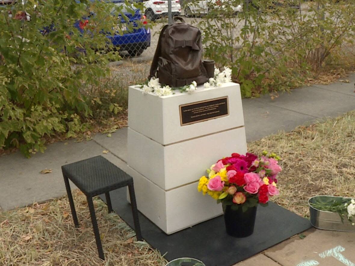 The bronze backpack featured in Calgary's permanent memorial for the city's homeless was based on a real backpack. It was used by a man who survived 10 years of homelessness and donated it to the project. (Dave Gilson/CBC - image credit)