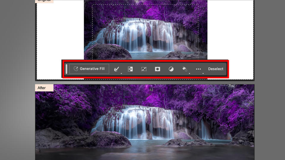 An image of a waterfall being expanded using Adobe's Generative Fill tool