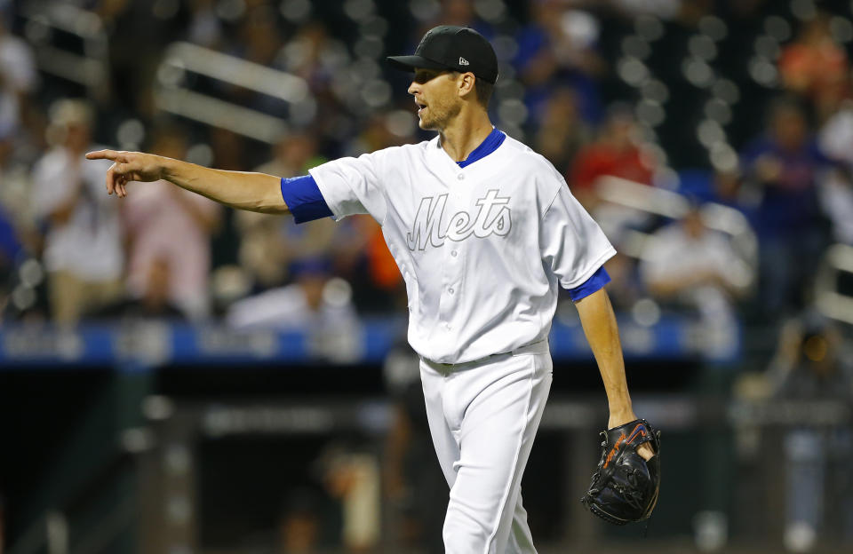 Aug 23, 2019; New York City, NY, USA; New York Mets starting pitcher Jacob deGrom (48) reacts on his way to the dugout between innings against the Atlanta Braves during an MLB Players' Weekend game at Citi Field. Mandatory Credit: Noah K. Murray-USA TODAY Sports