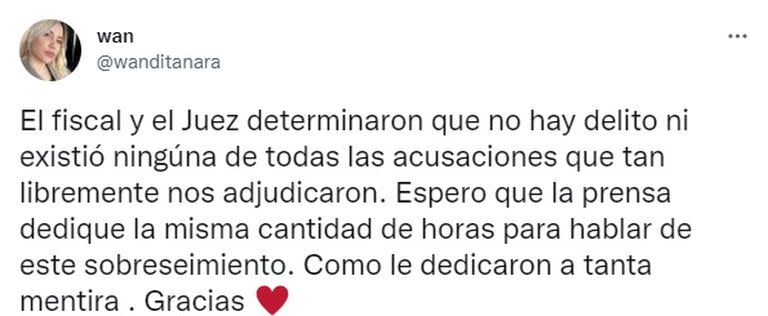 Tuit de Wanda Nara sobre la causa, que llegó a su fin (Fuente: Twitter/@wanditanara)