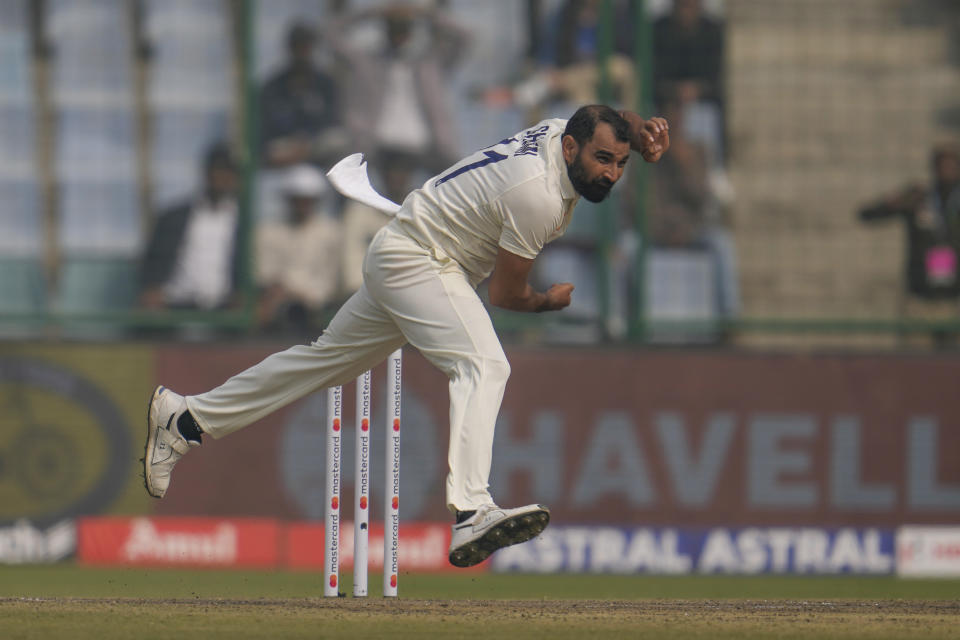 India's Mohammed Shami bowls a delivery during the first day of the second cricket test match between India and Australia in New Delhi, India, Friday, Feb. 17, 2023. (AP Photo/Altaf Qadri)