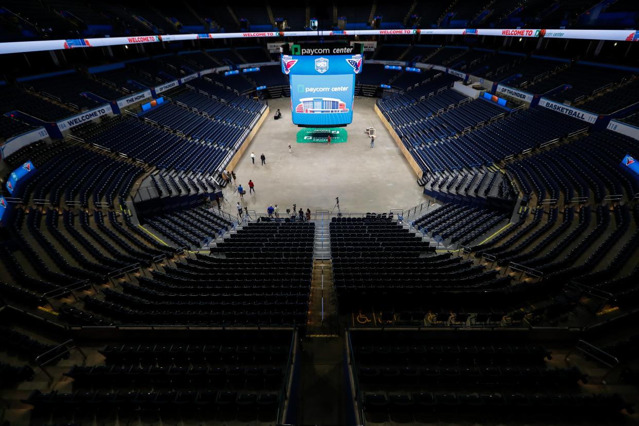 New scoreboards and seats through MAPS 4 upgrades are pictured Tuesday at the Paycom Center in Oklahoma City .